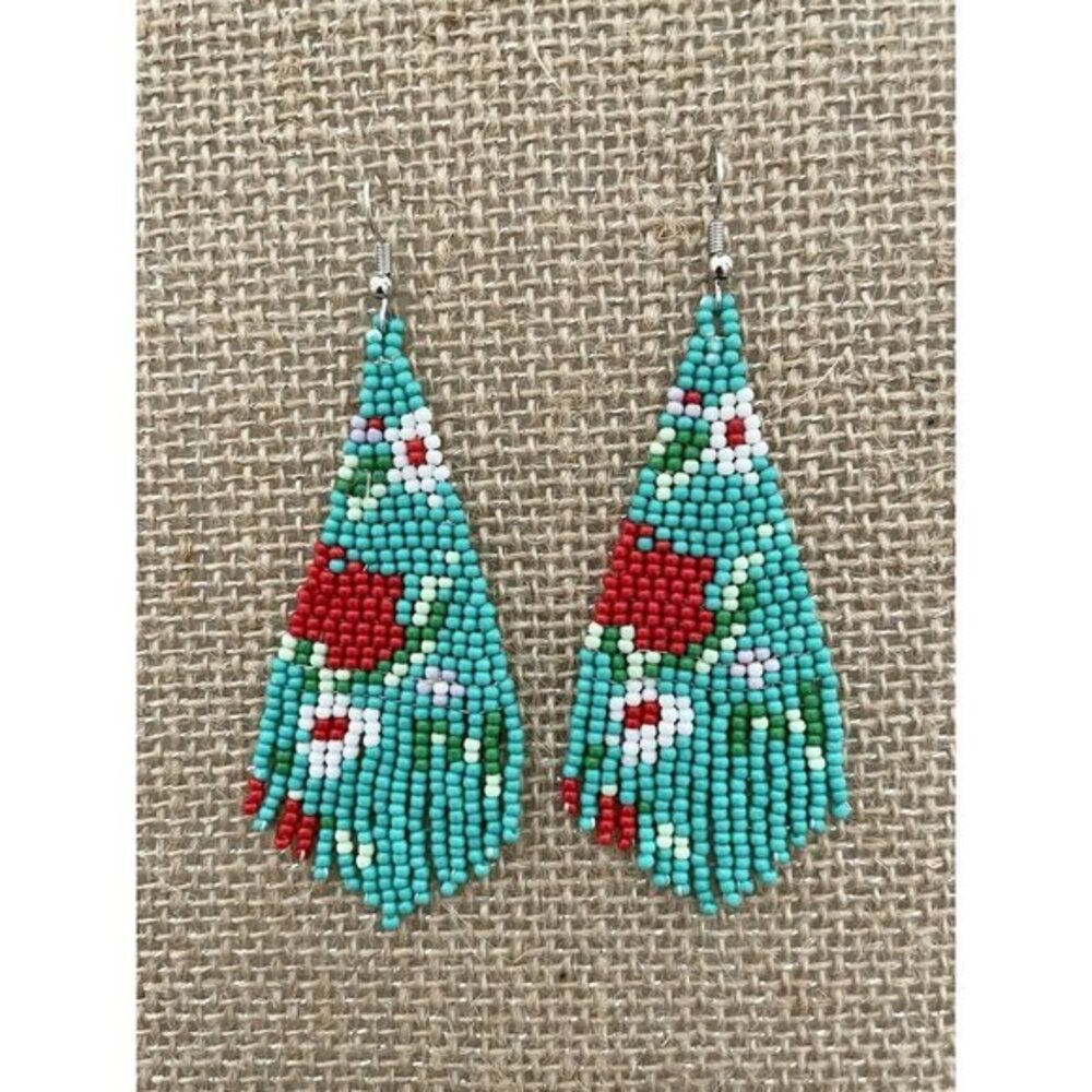Handmade Miyuki Seed Bead Fringe Dangling Earrings Desert Aqua Floral NWT